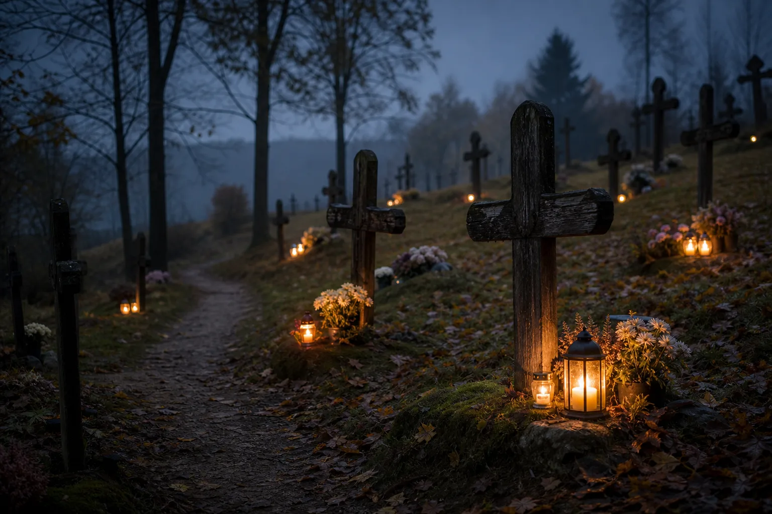Autumn cemetery with wooden crosses, mist, and candle glow for Vėlinės stillness