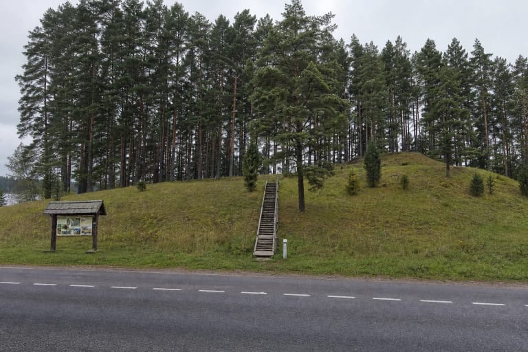 Pušimis apaugęs Velikuškių II piliakalnio šlaitas ir mediniai laiptai prie Dusetų-Obelių kelio