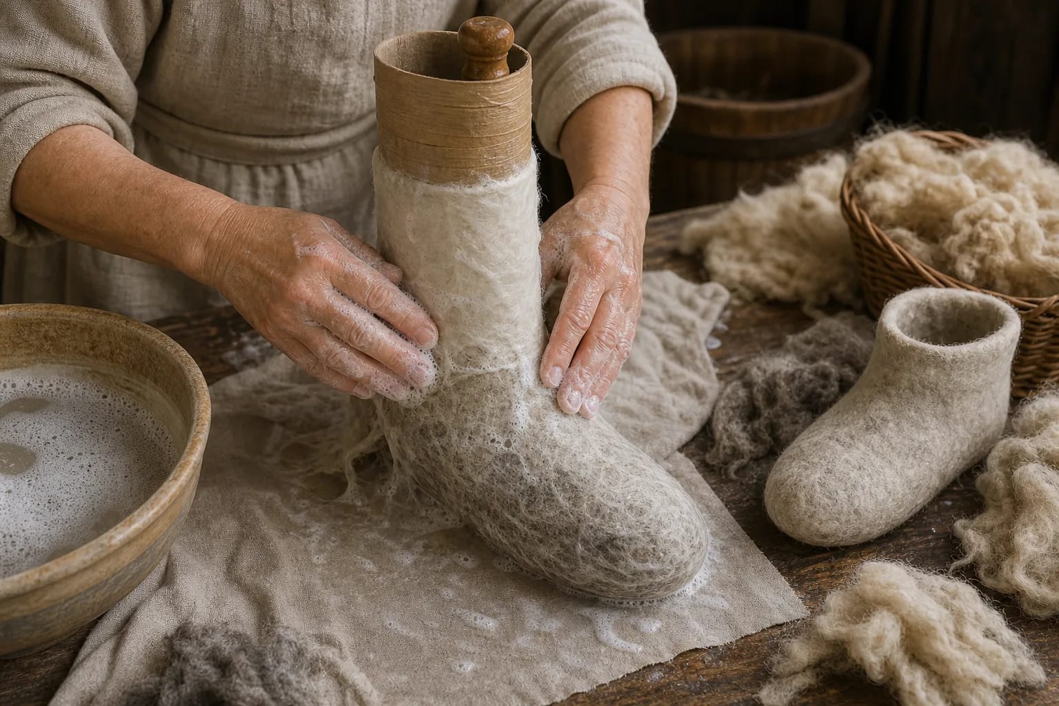 For felt boots, the form is planned before the wool shrinks.