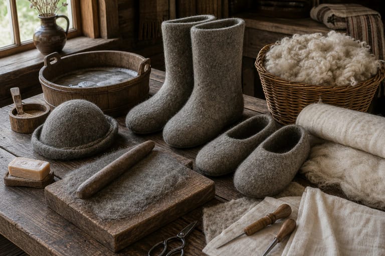 Lithuanian felt boots and felted wool objects beside carded wool and soap