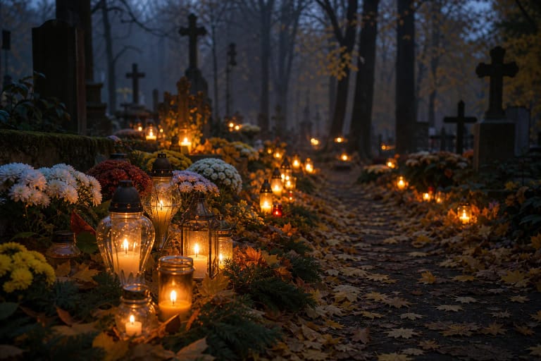 Velines candles and chrysanthemums in an autumn cemetery at dusk