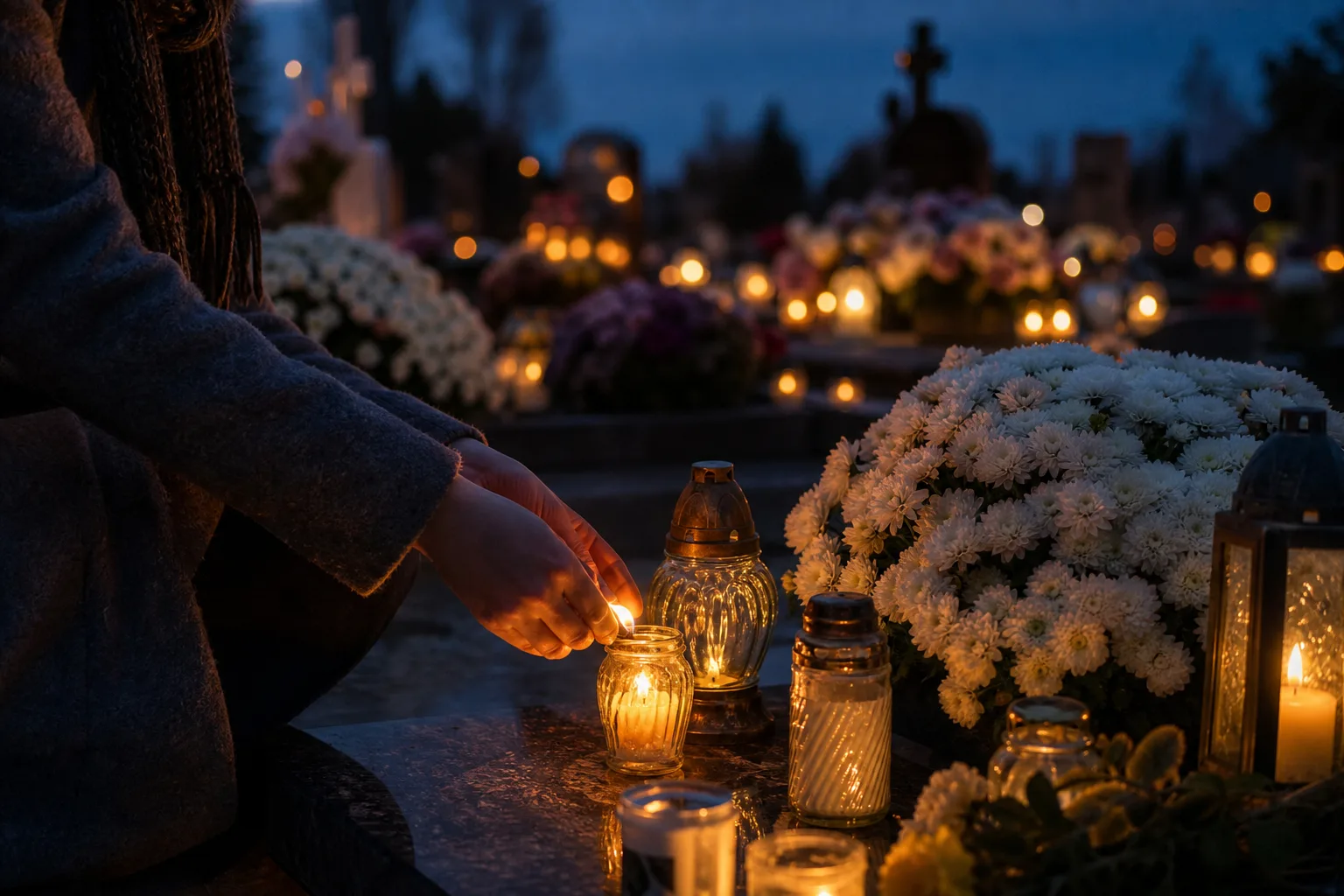 A Velines candle being lit on a grave at autumn dusk