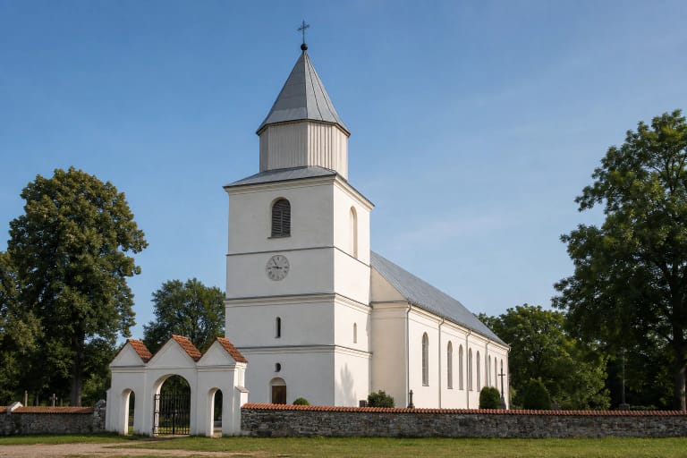 Balta Veliuonos bažnyčia su kvadratiniu bokštu, laikrodžiu ir raudonų čerpių šventoriaus vartais