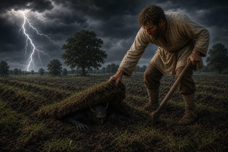 During a storm in a plowed field a strip of turf is turned back, and beneath it hides a dark shadow of Velnias