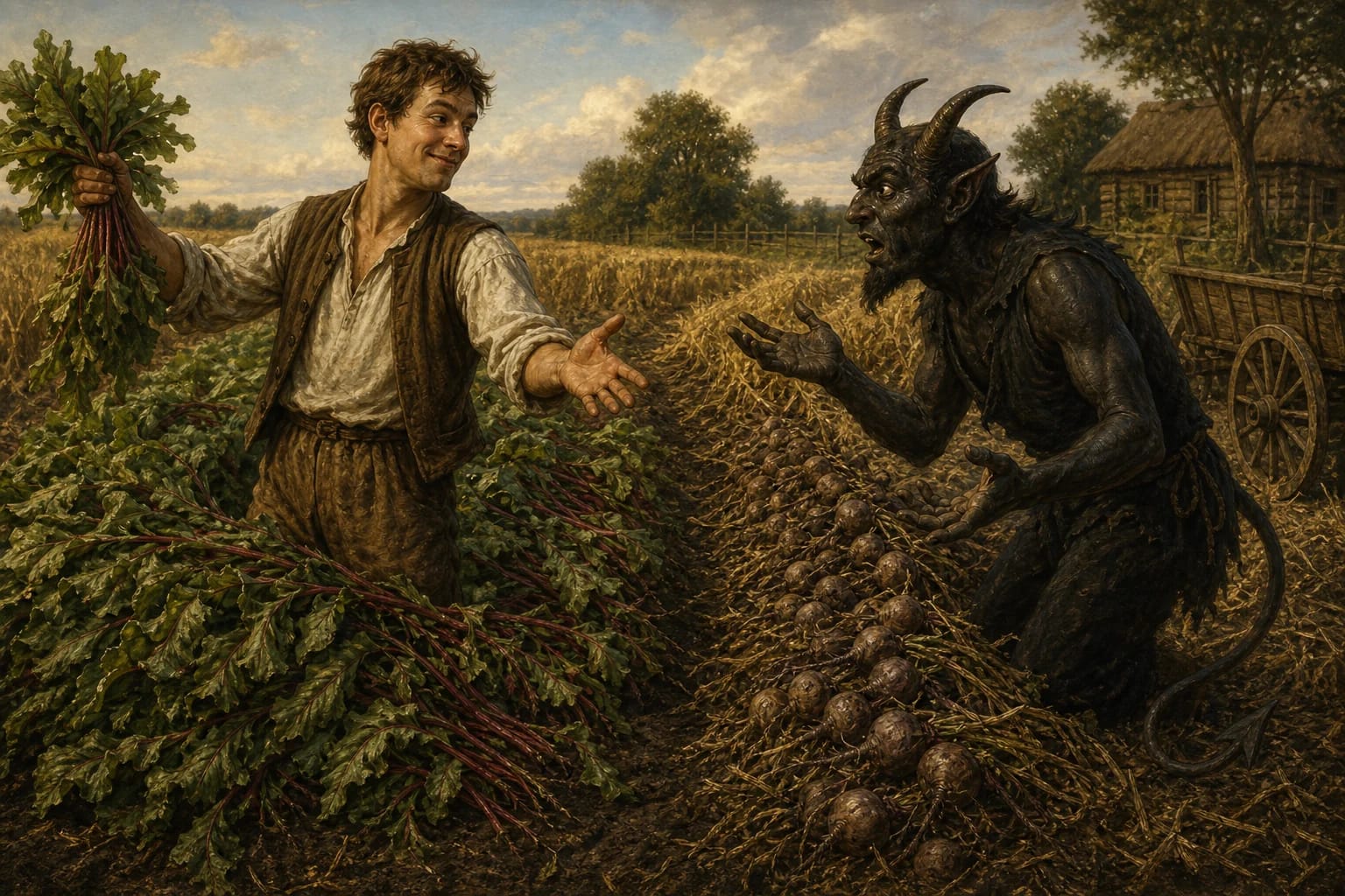 The Devil as the Poor Man's Farmhand visual interpretation with foolish devil, clever human, hired worker motifs
