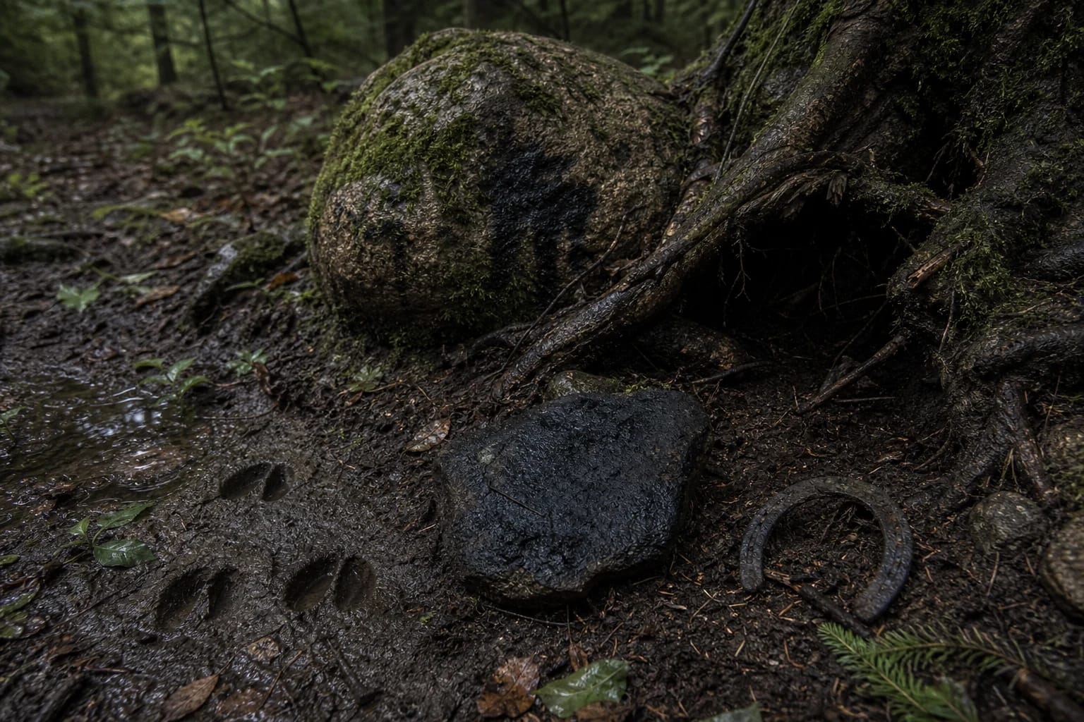 Roots, stone, hoofprint, and dark earth for Velnias Vėlinas