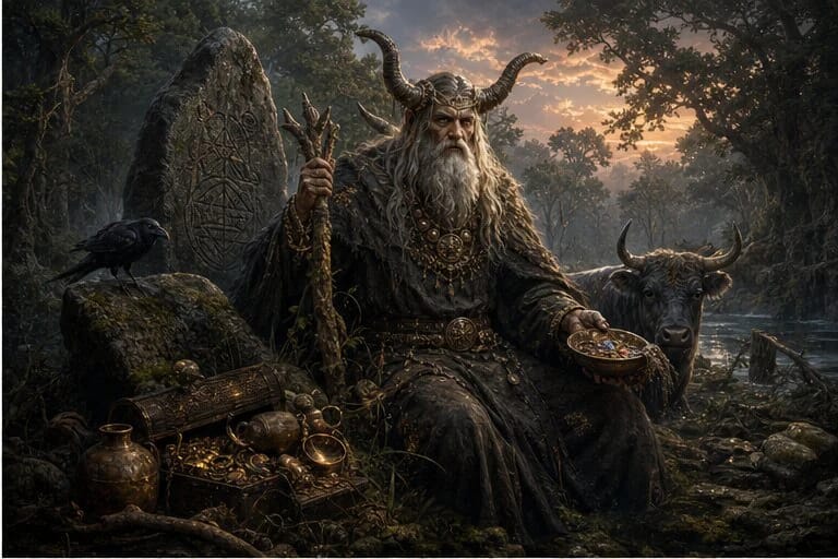 Velnias Vėlinas in Lithuanian mythology near forest, stone, water, and underworld treasures