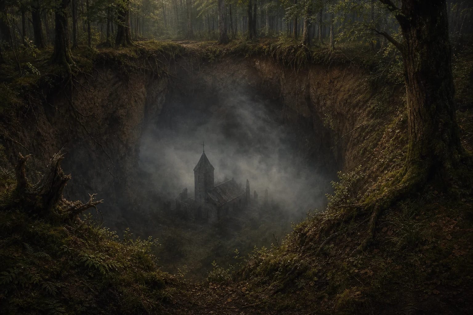 Legend of Devil's Pit visual interpretation with sunken church, sin, devil motifs