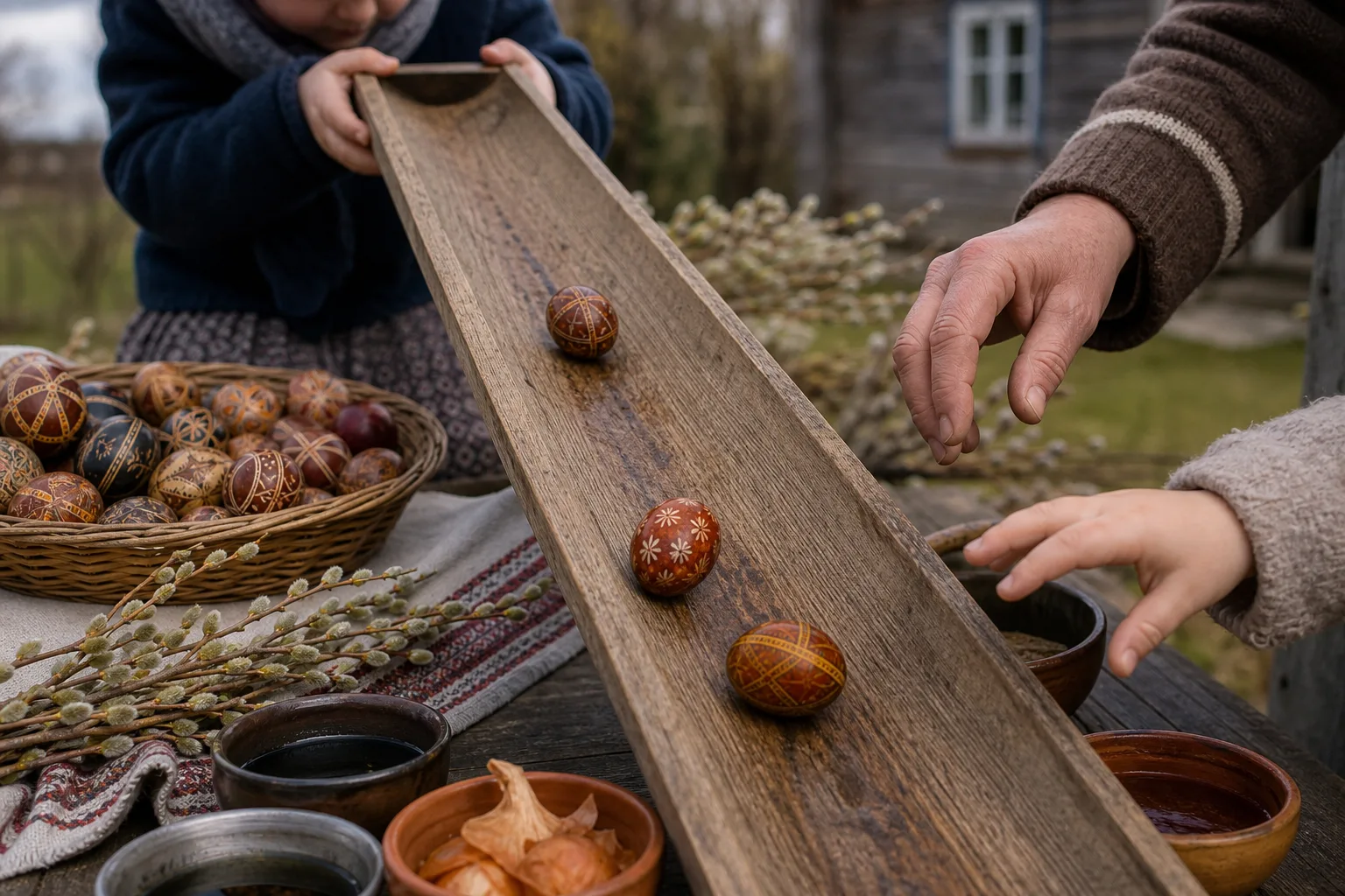 Easter marguciai rolling down a wooden trough