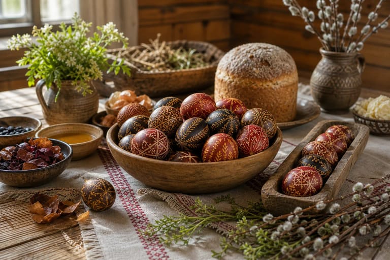 Lithuanian Easter marguciai on a linen table with a verba, bread, and natural dyes