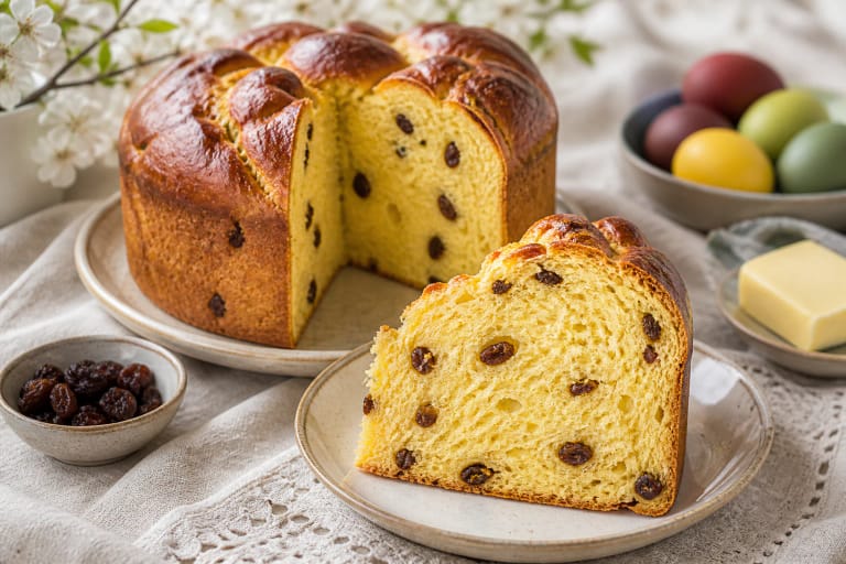 A tall Easter cake with white glaze, raisins, and margučiai on a festive table