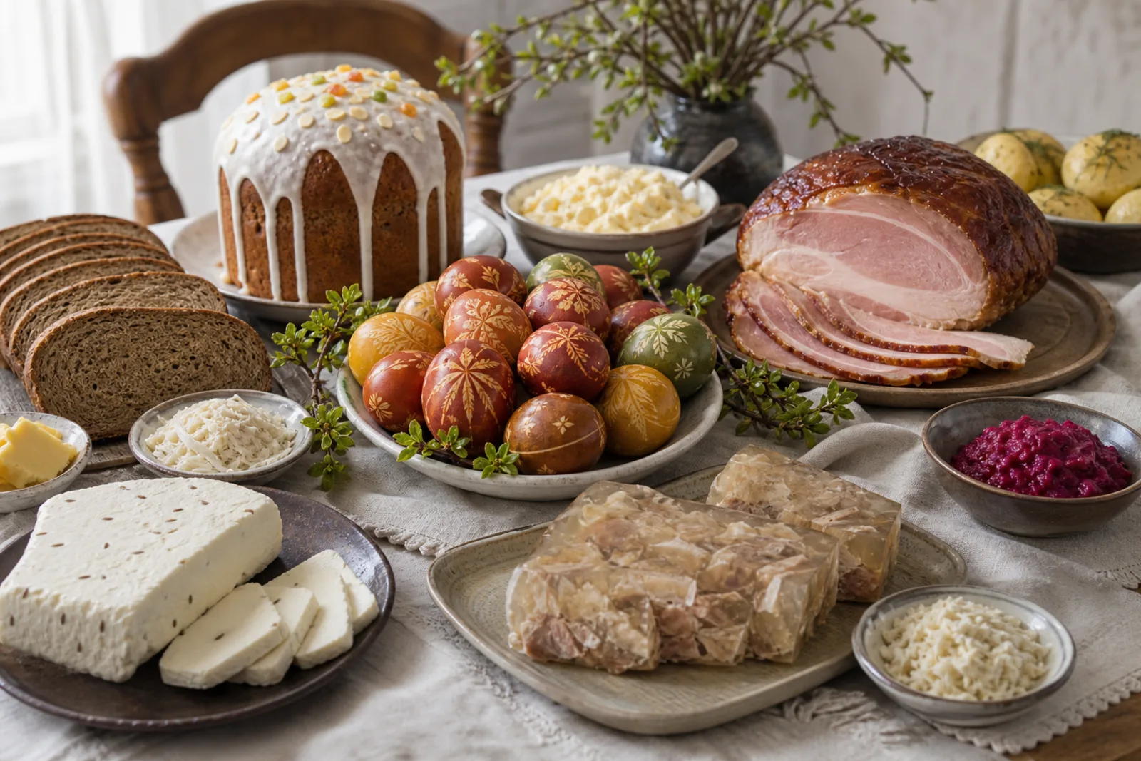Velykų stalo patiekalai: spring holiday breakfast and feast table in a Lithuanian traditional food context