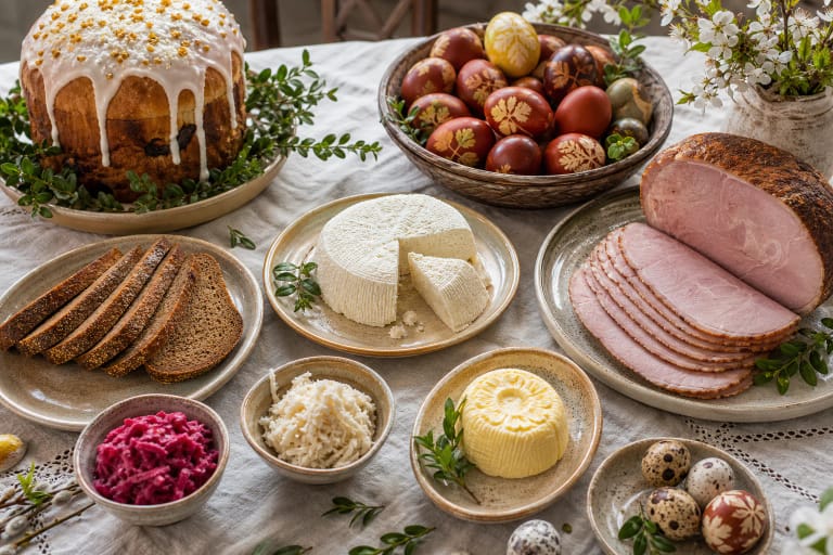 A spring Easter table with margučiai, ham, šaltiena, horseradish, and yeasted cake