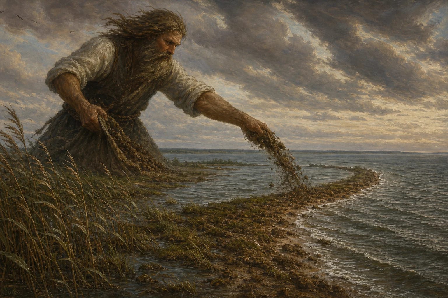 Legend of Ventė Cape visual interpretation with giant, Curonian Lagoon, birds motifs