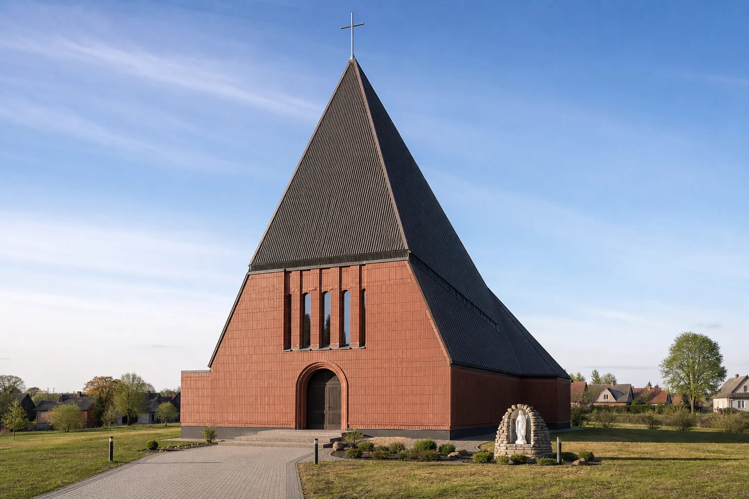 Modern Venta Church of the Immaculate Conception with a tall dark roof and cross