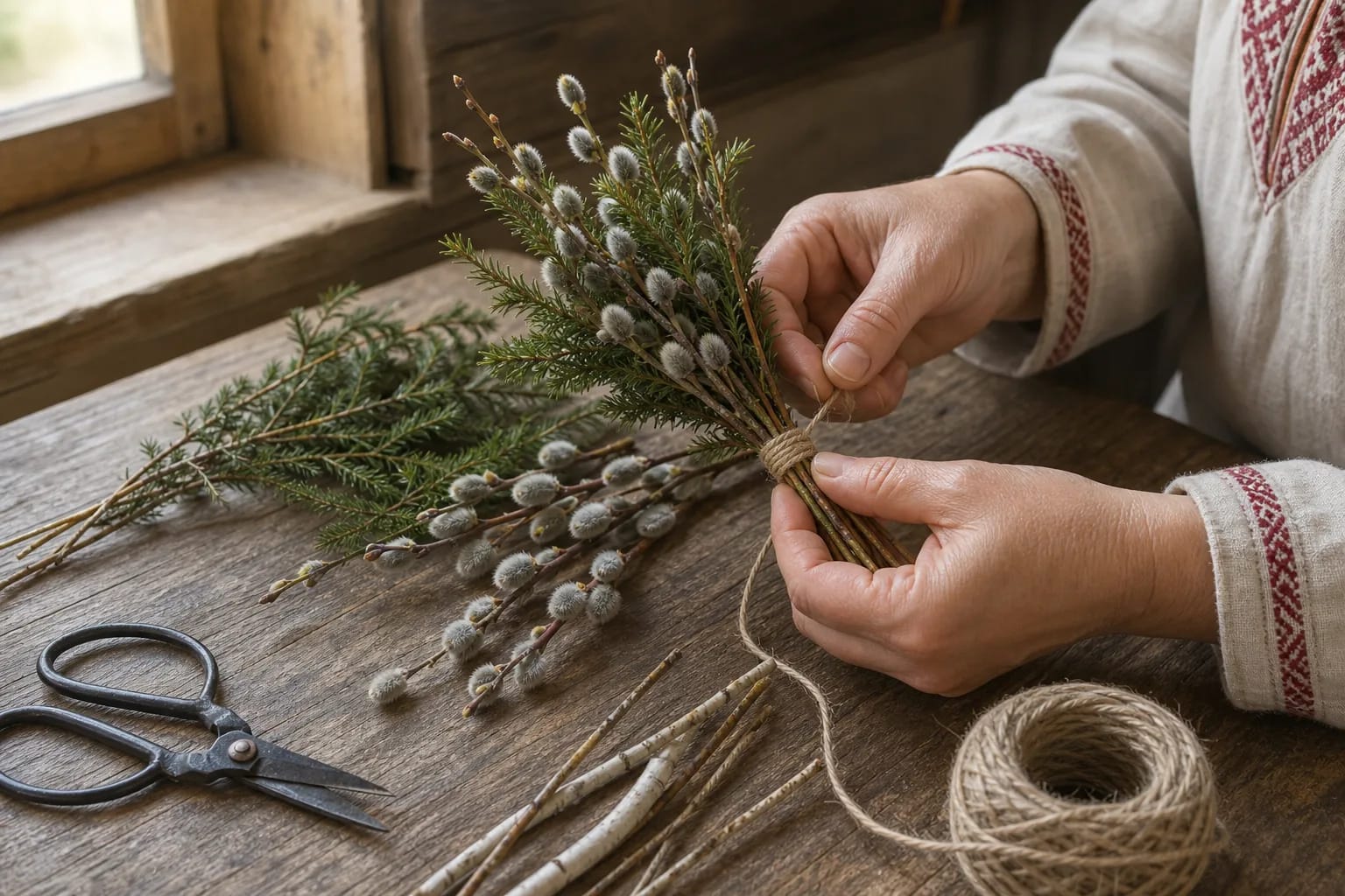 A simple Palm Sunday verba is bound from juniper, willow, and other spring twigs.
