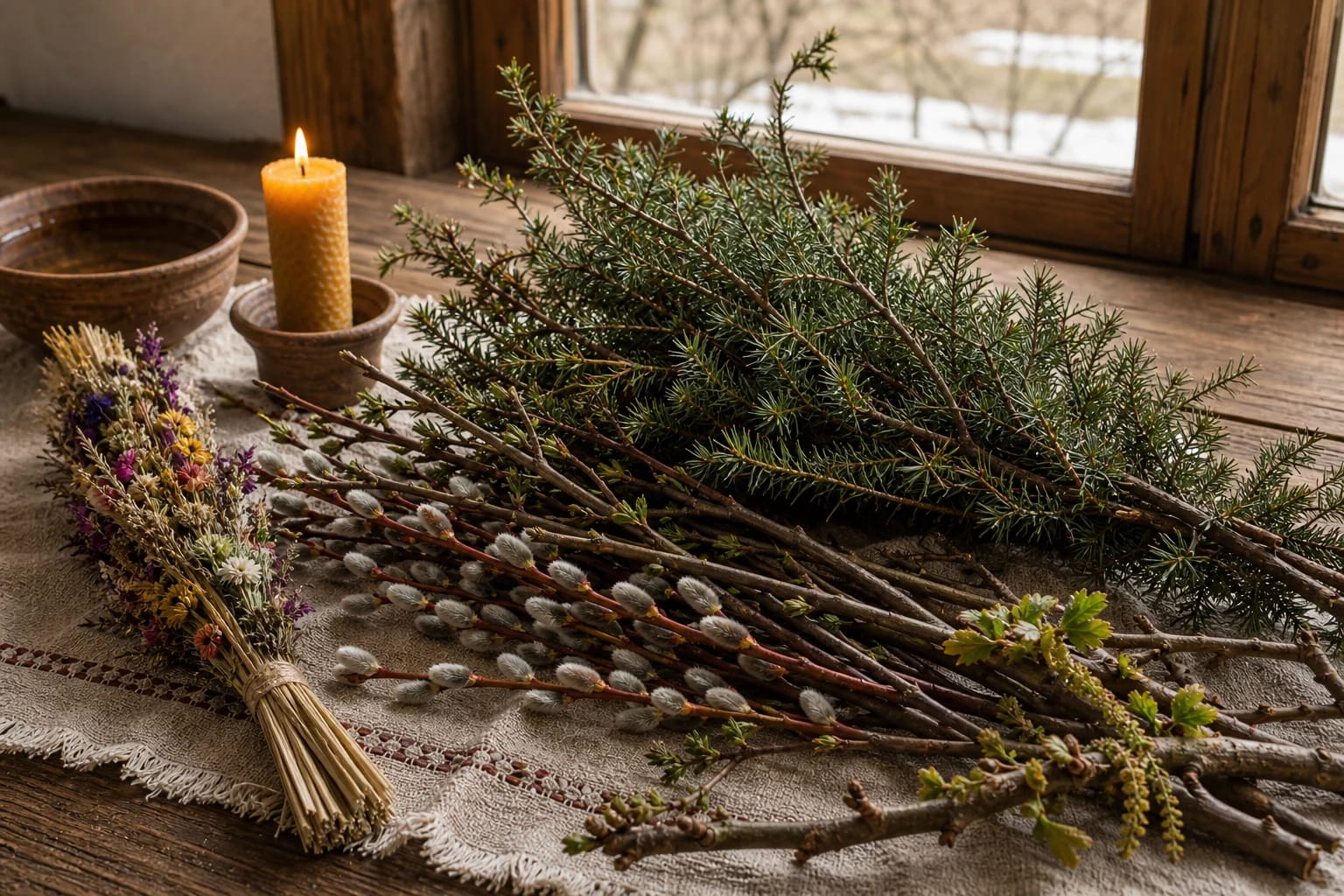 Palm Sunday juniper, willow, and Vilnius verbos branches on linen cloth beside a candle