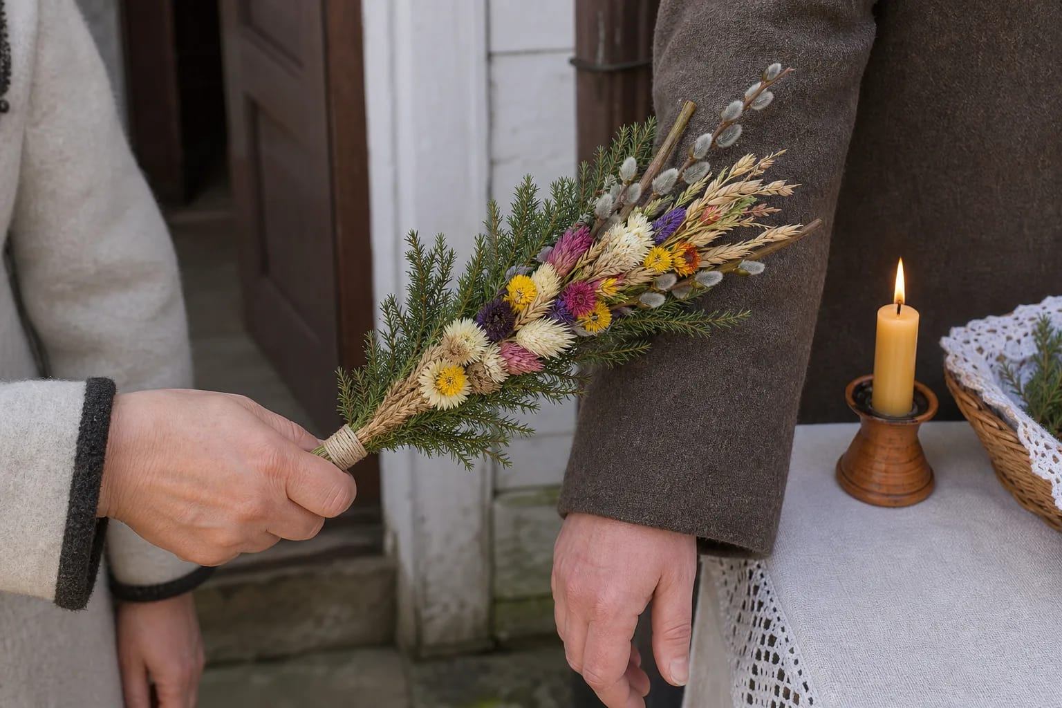 A Palm Sunday verba gently touching a sleeve in the morning