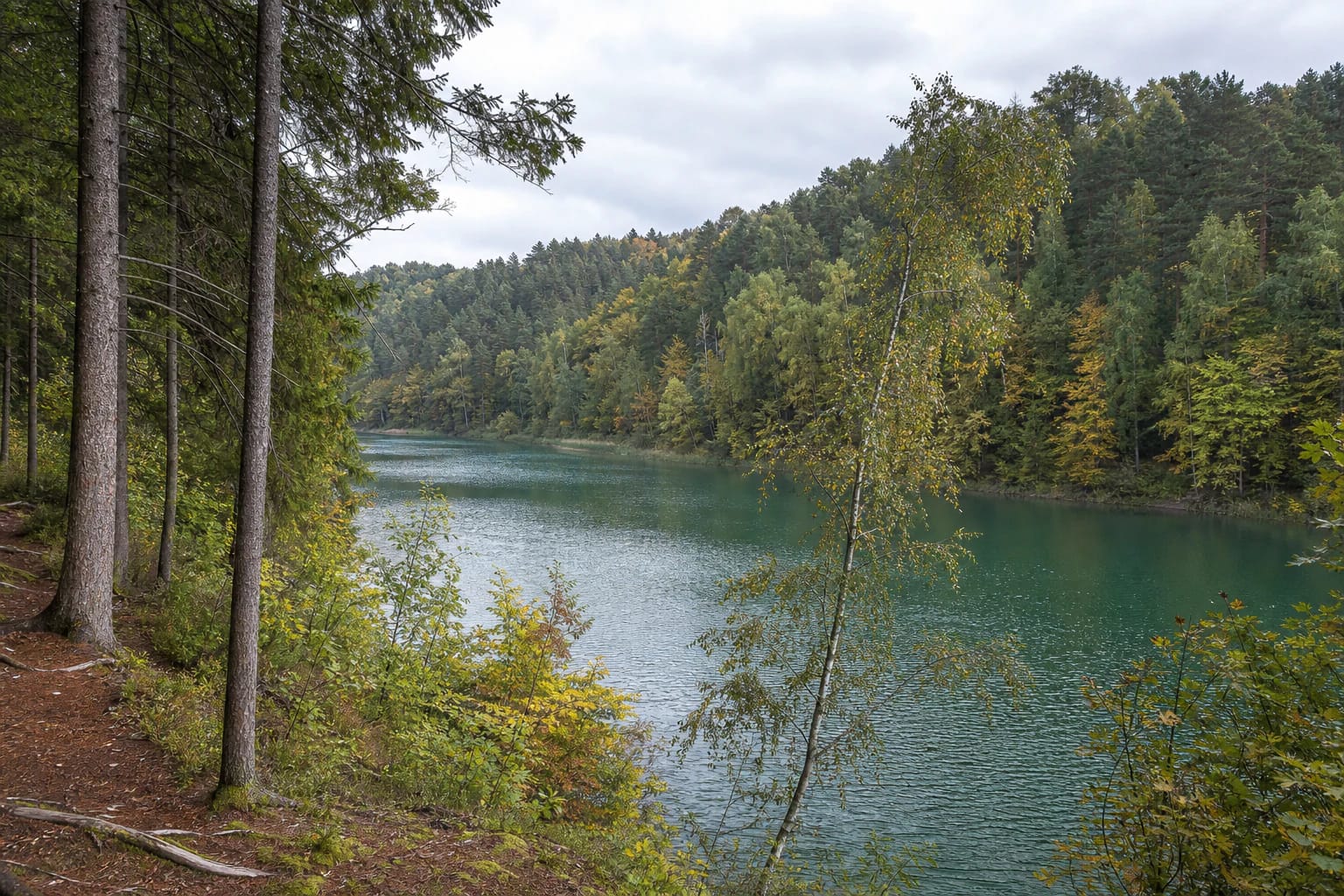 Greenish lake and steep wooded basin slopes in Verkiai Regional Park at the beginning of autumn