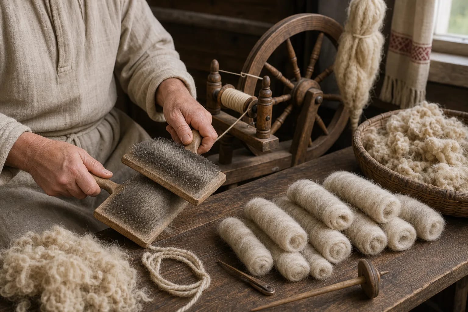Hand carders prepare wool for an even thread.