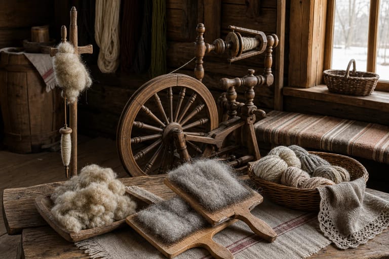 A Lithuanian spinning wheel, carders, wool, flax, distaff, spindle, and handspun yarn