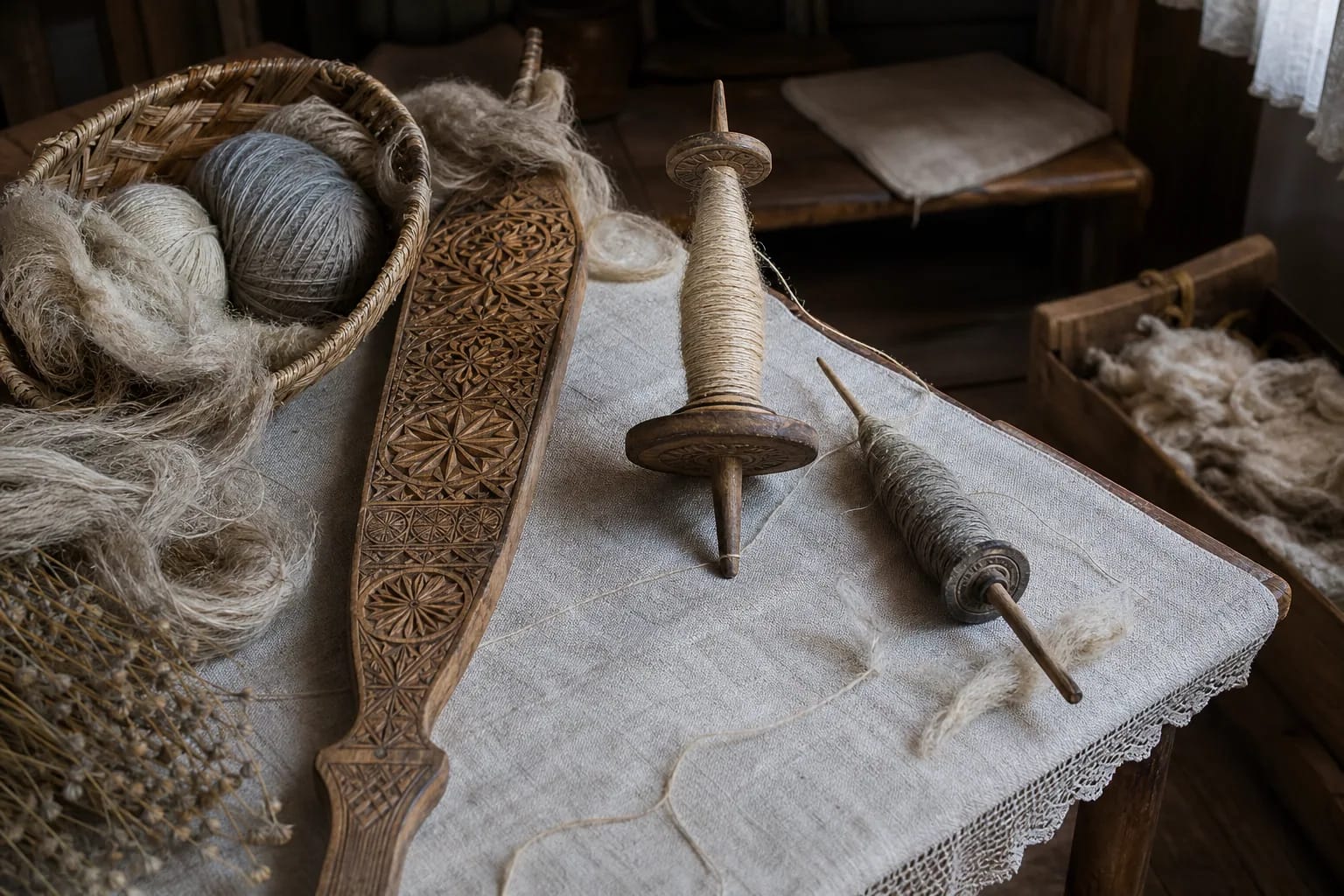 Spindle, spinning tools, thread, and flax fiber on a linen-covered table.