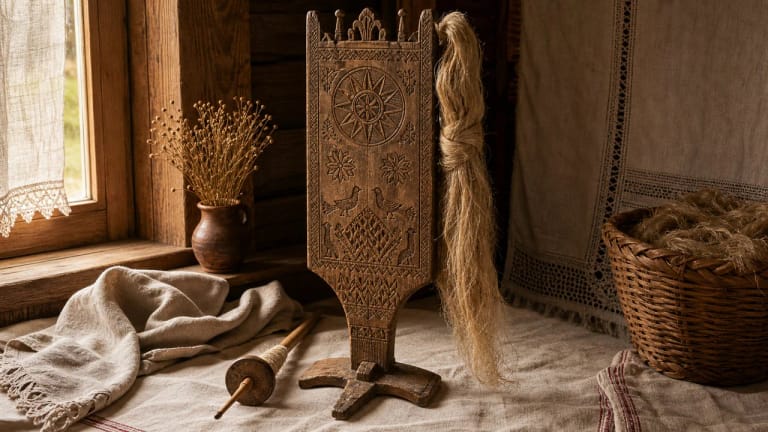 Lithuanian distaff with sunbursts, little birds, and geometric ornaments