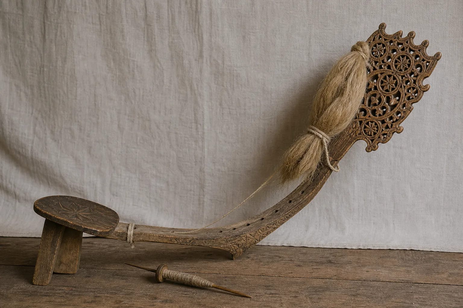 The distaff form links fiber, hands, and seated support.