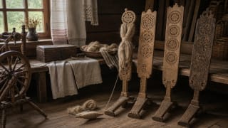 Carved Lithuanian distaffs with sunbursts, birds, hearts, and a spindle beside flax fiber