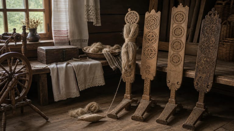 Carved Lithuanian distaffs with sunbursts, birds, hearts, and a spindle beside flax fiber