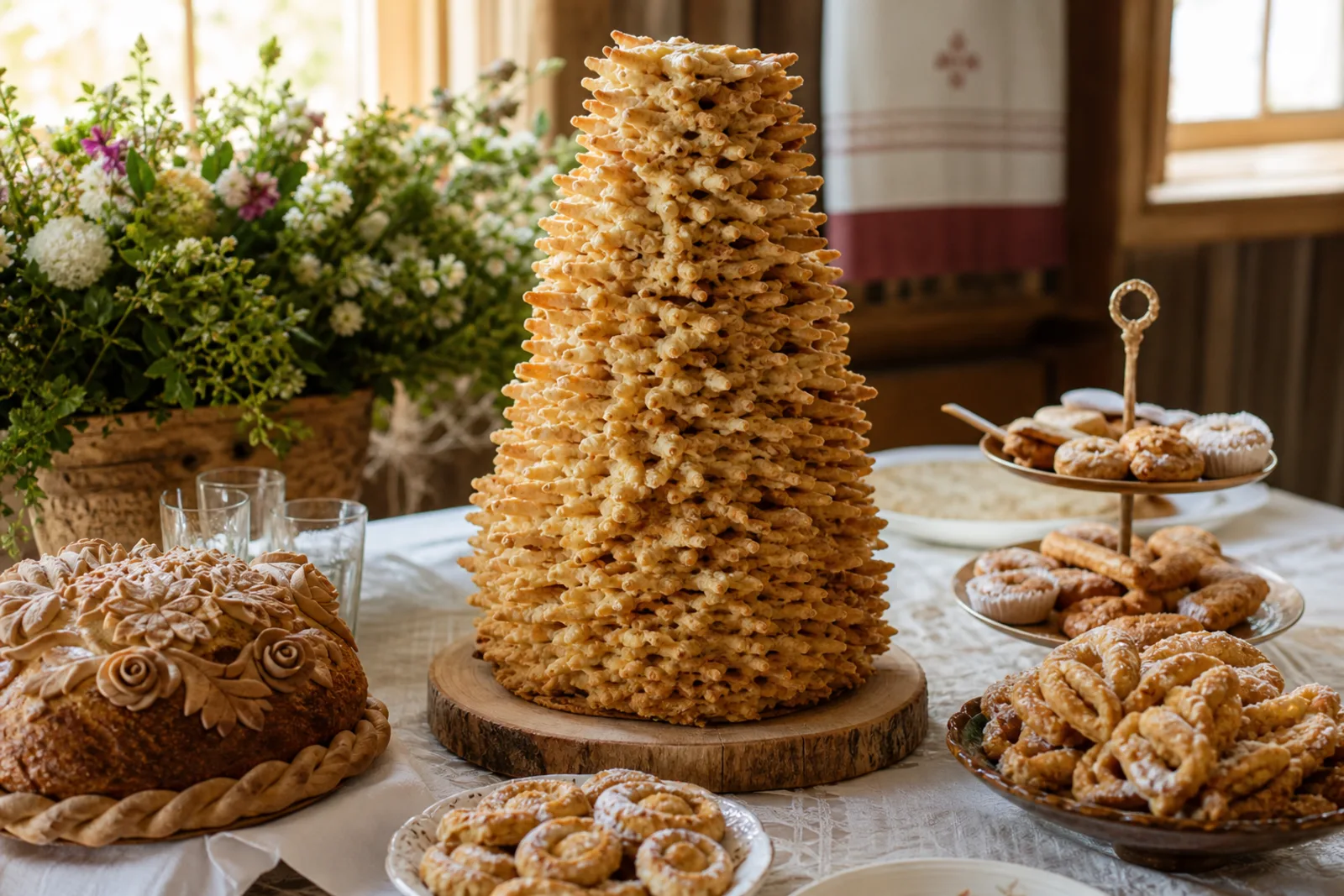 Vestuvių vaišės ir šakotis: wedding-table tradition with šakotis, karvojus, and feast foods in a Lithuanian traditional food context