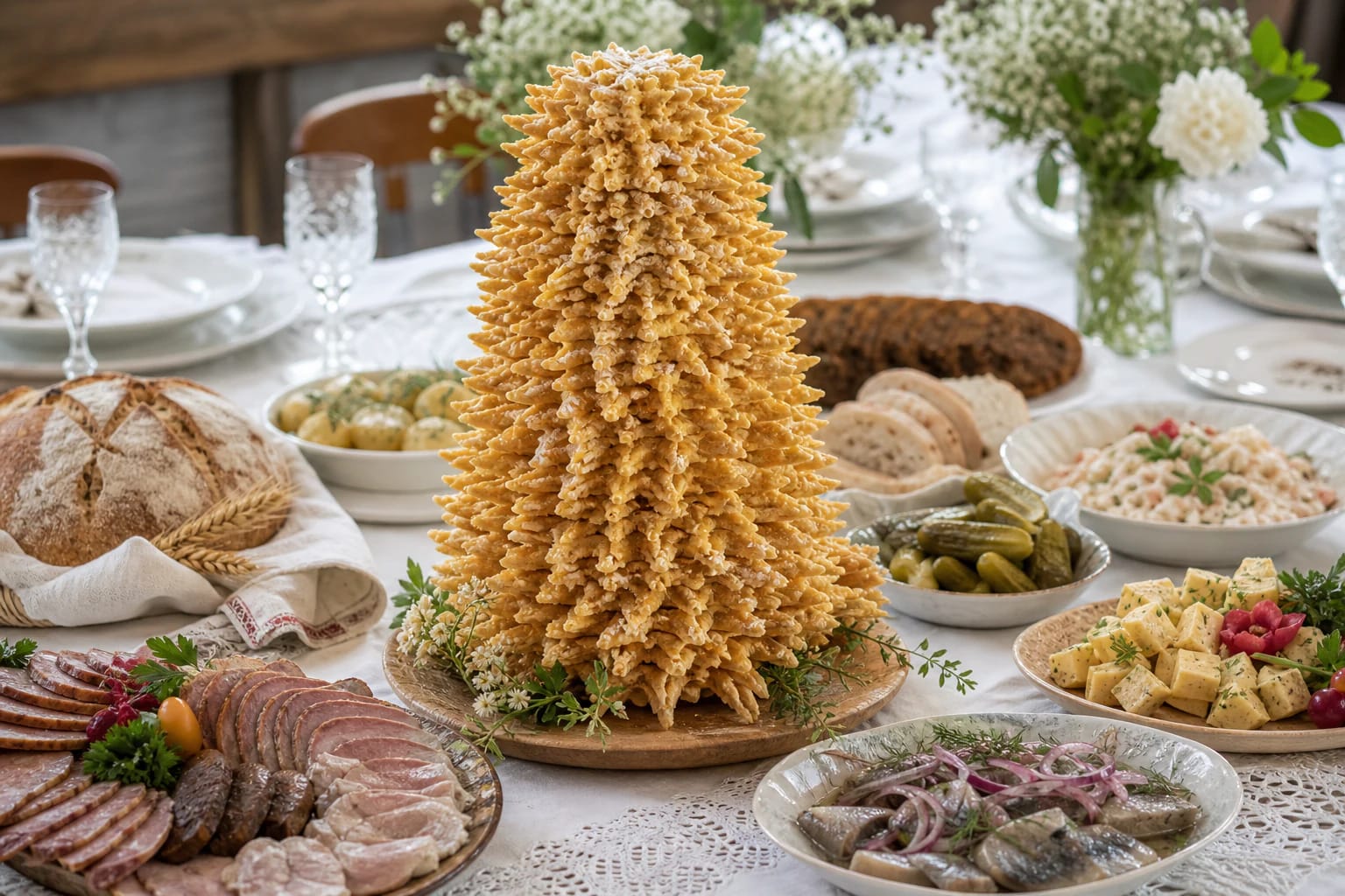 A wedding feast table with a tall šakotis in the center, karvojus, linen napkins, and traditional snacks