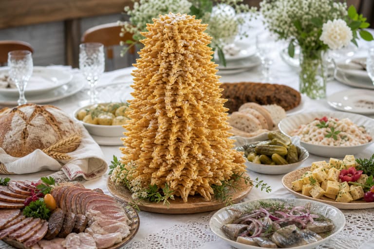 A wedding feast table with a tall šakotis in the center, karvojus, linen napkins, and traditional snacks