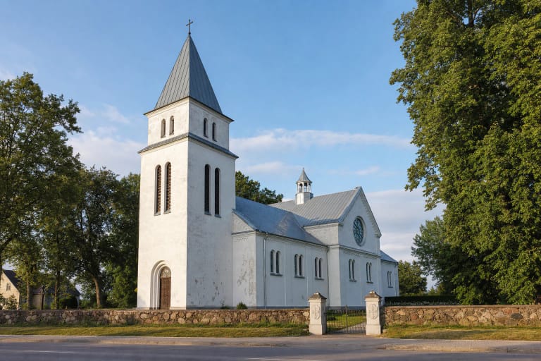 Balta Viekšnių Šv. Jono Krikštytojo bažnyčia su aukštu trijų tarpsnių bokštu, pilku smailiu stogu ir akmenų mūro tvora