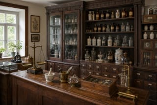 Old pharmacy interior at Viekšniai Pharmacy Museum with wooden cabinets, vessels, scales, and prescription desk