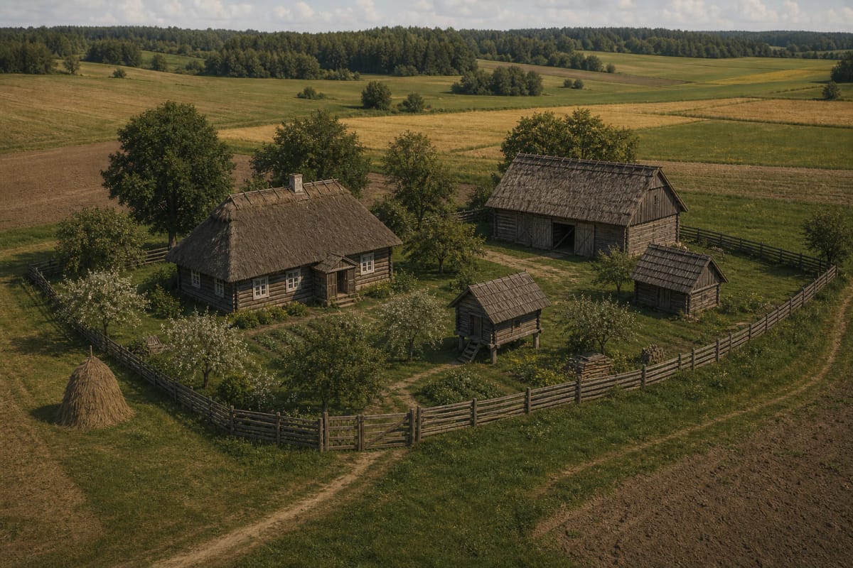 Lithuanian vienkiemis with a separate wooden homestead among fields, orchard, cattle shed, threshing barn, and track through cultivated land