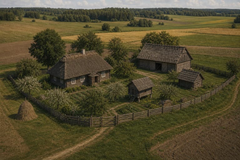 Литовская отдельная усадьба (vienkiemis) среди полей с садом, хлевом, гумном и дорожкой через возделанные поля