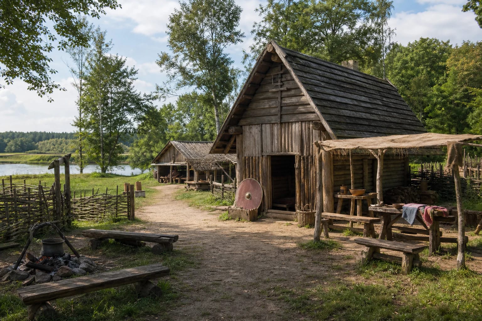 Timber buildings, firepit, and a shield at Viking Village beside water and woodland