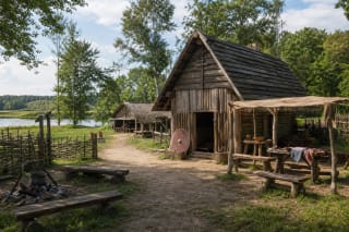 Деревянные постройки, кострище и щит в Деревне викингов у воды и леса
