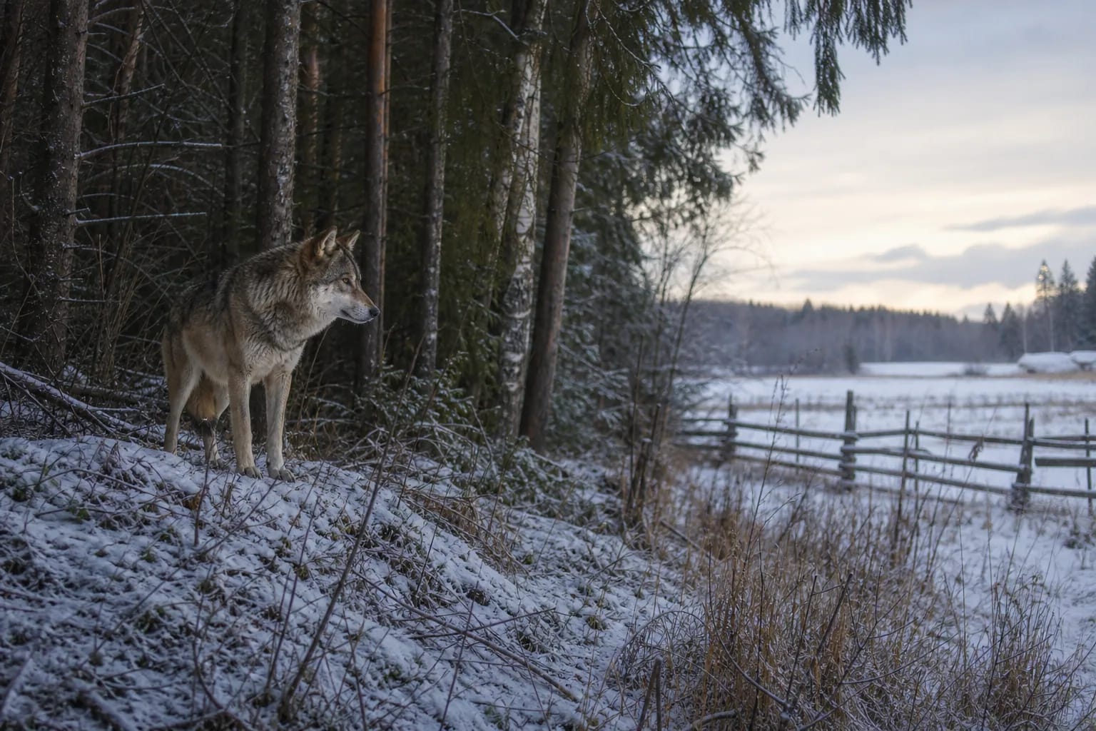 Gray wolf standing at the edge of a winter forest near a distant farm field.