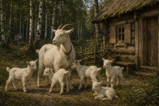 A goat with her kids beside a wooden cottage, with a wolf visible among birches in the distance
