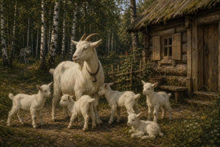 A white goat with kids beside a village house and forest
