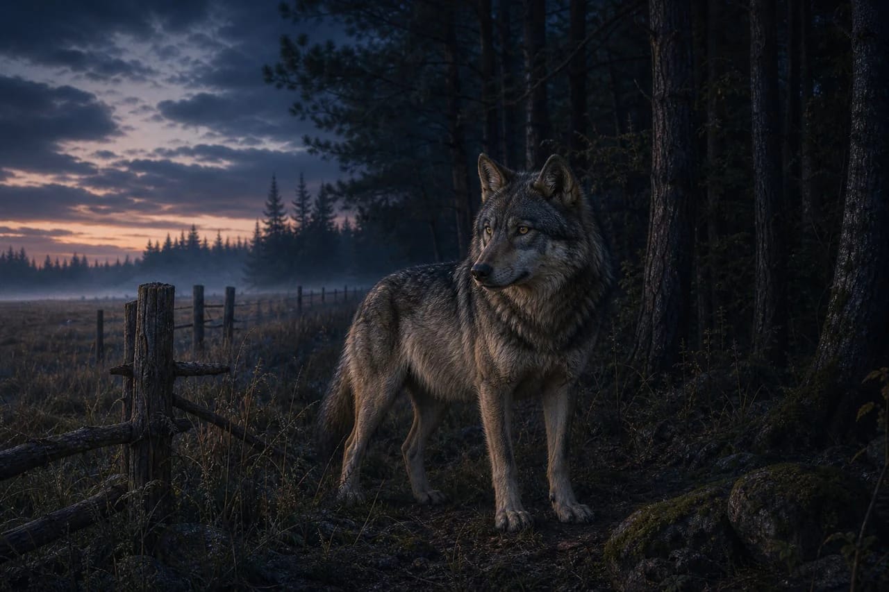 A wolf on the edge of a Lithuanian forest as a symbol of the wild boundary in Lithuanian folklore
