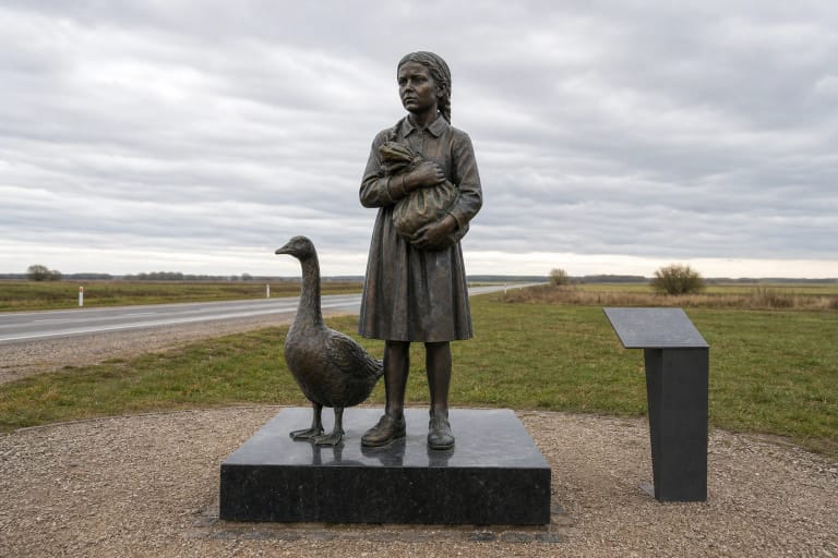 Bronze Wolf Children girl carrying a bundle beside a goose on a stone base by the road in Šlažai