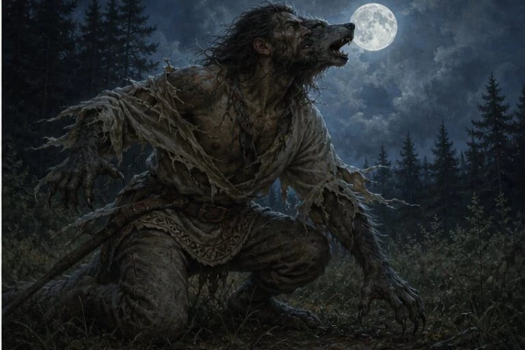 Vilktakis and Vilkolakis in Lithuanian folklore between human and wolf form in a night forest