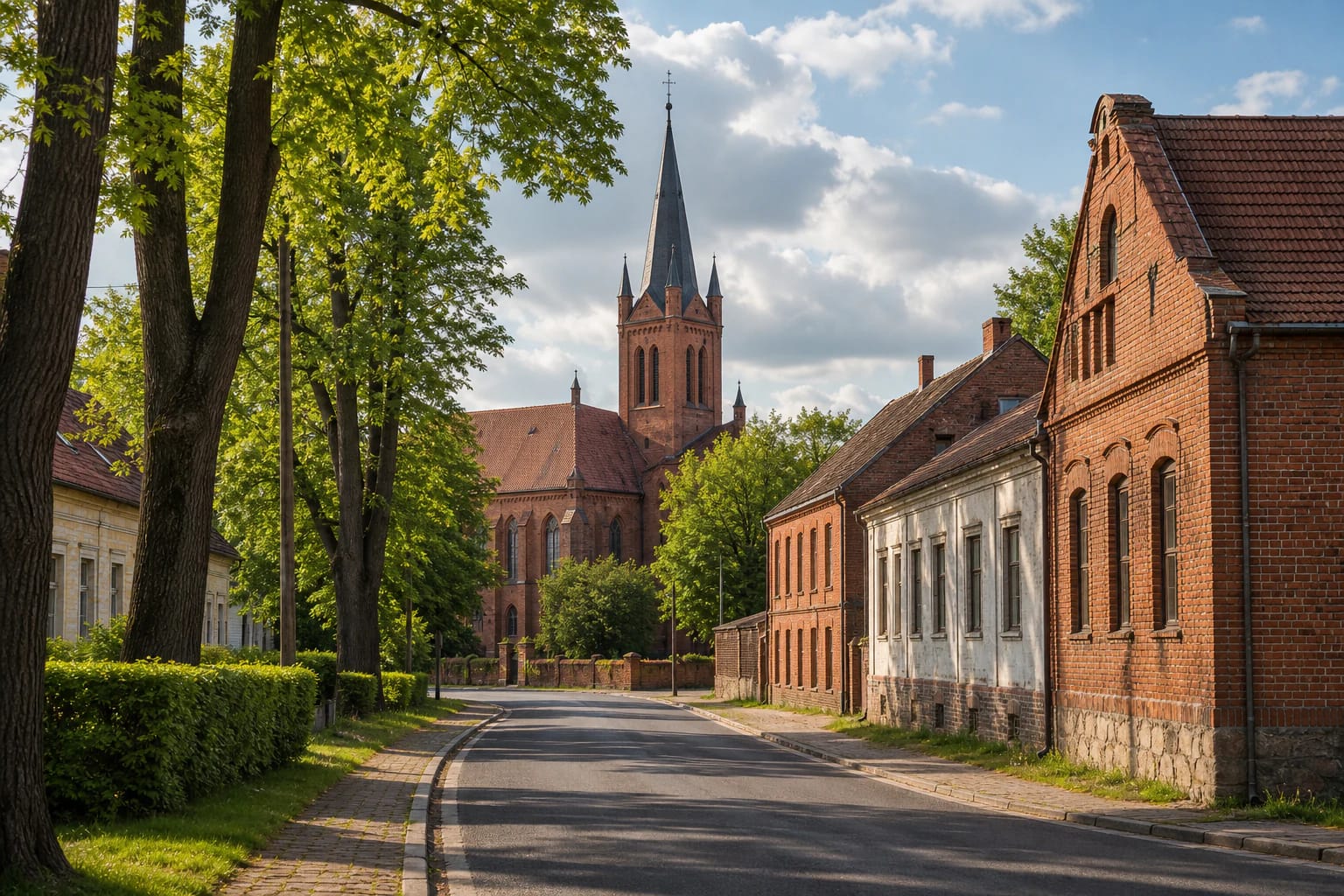 Vilkyškių miestelio gatvė su evangelikų liuteronų bažnyčia ir senais mūriniais pastatais