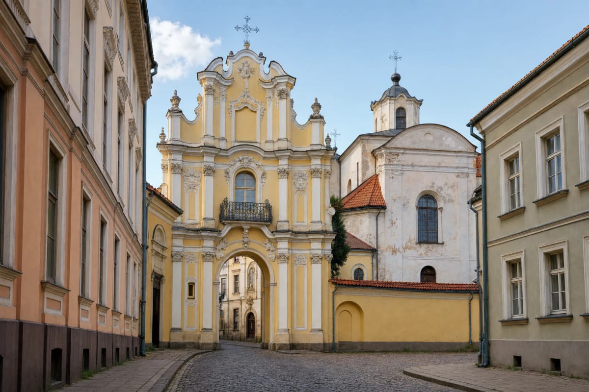 Ornate Baroque gate of the Vilnius Basilian Monastery and the courtyard of Holy Trinity Church