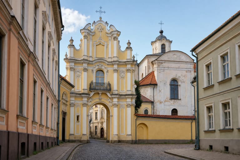 Vilniaus bazilijonų vienuolyno puošnūs barokiniai vartai ir Švč. Trejybės bažnyčios kiemas