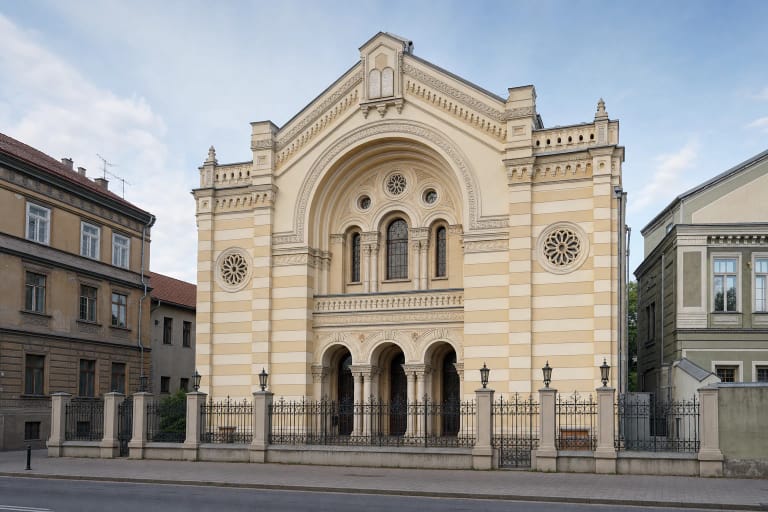 Light-coloured Moorish-style facade of Vilnius Choral Synagogue on Pylimo Street