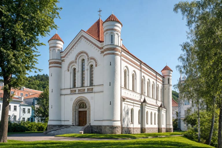 White Cathedral of the Dormition in Vilnius with red roofs and round corner towers